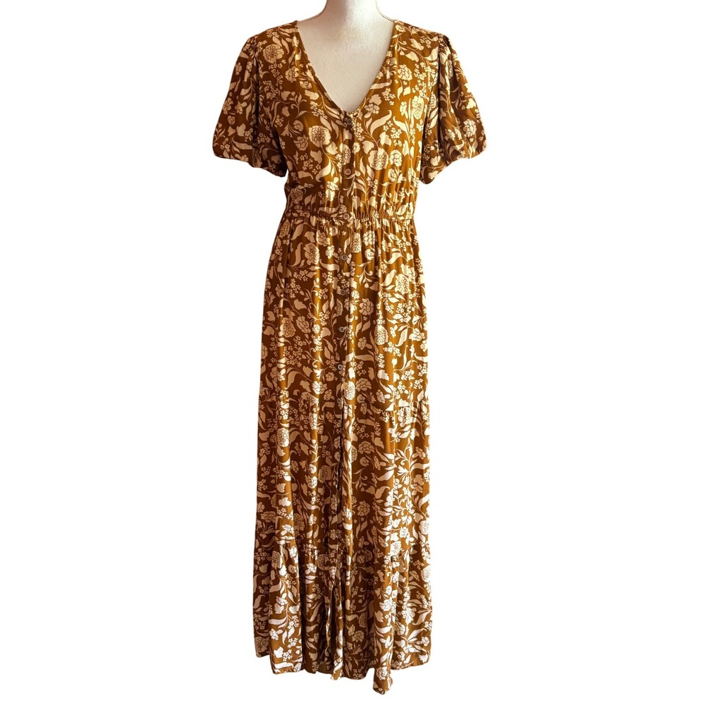 Cotton Rye Outfitters Floral Tiered Maxi Dress Button Front Fall Boho Medium